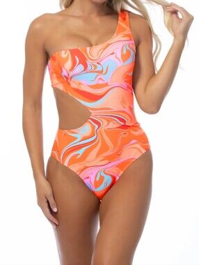 Beach Joy Size Large One Piece Wave Cutout Neon Pink Orange Swimsuit NWT!